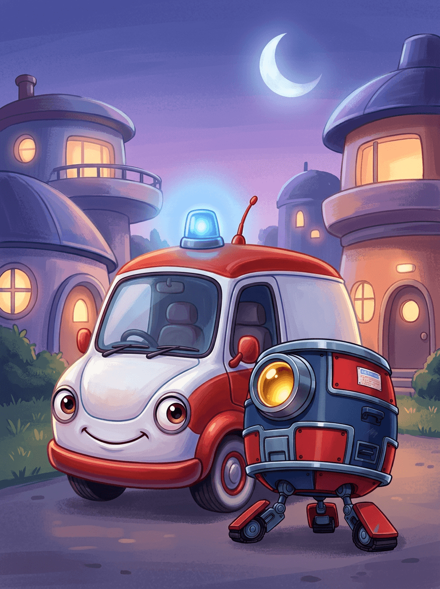 Robot Beep a autíčko Viu v osvětlených ulicích Tiché čtvrti.