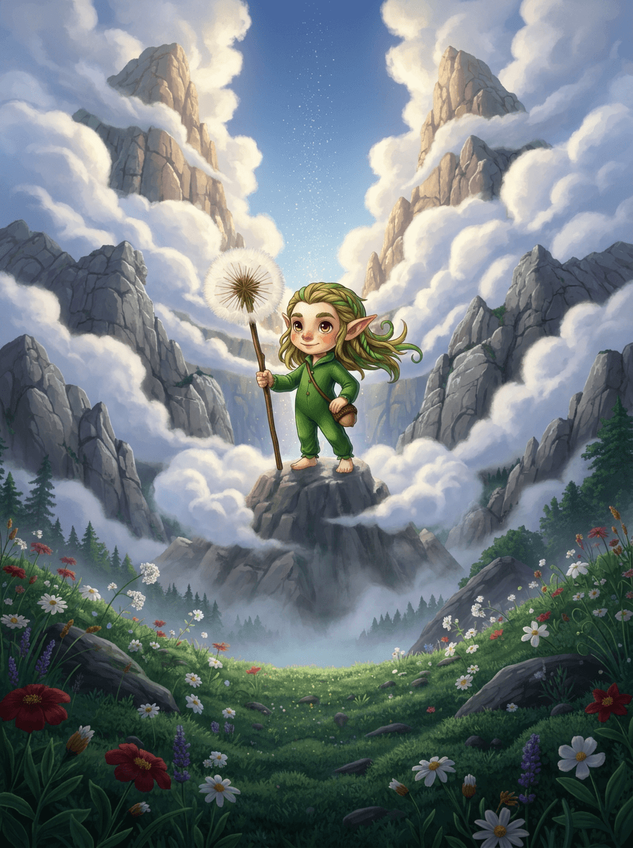 Boself Twig met paardenbloemstok in een berglandschap vol met slapende wolken.