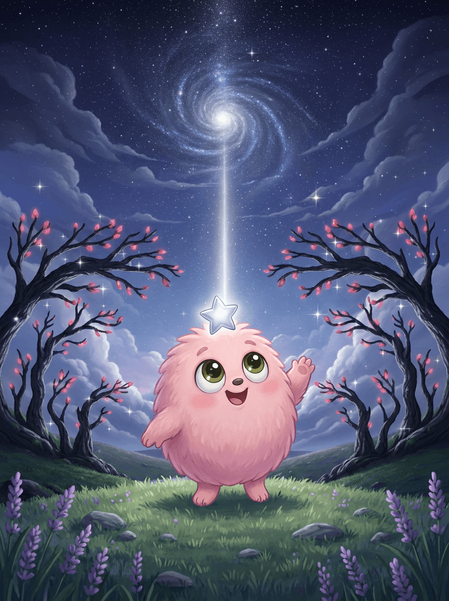 Small pink Fluffy carrying a glowing star through a magical forest.