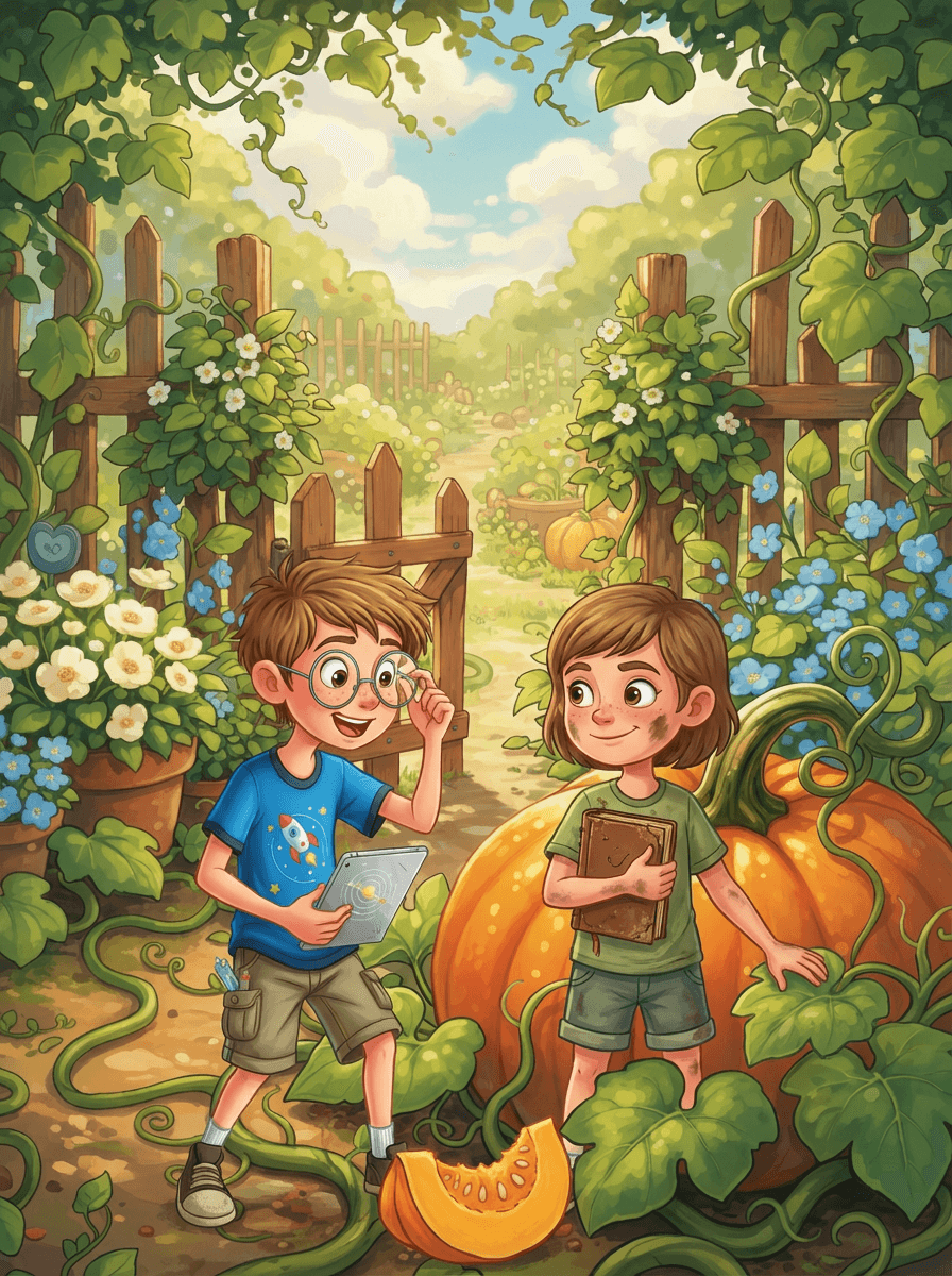 Chlapec Petr s tabletem a dívkou Janou u gigantické oranžové dýně.