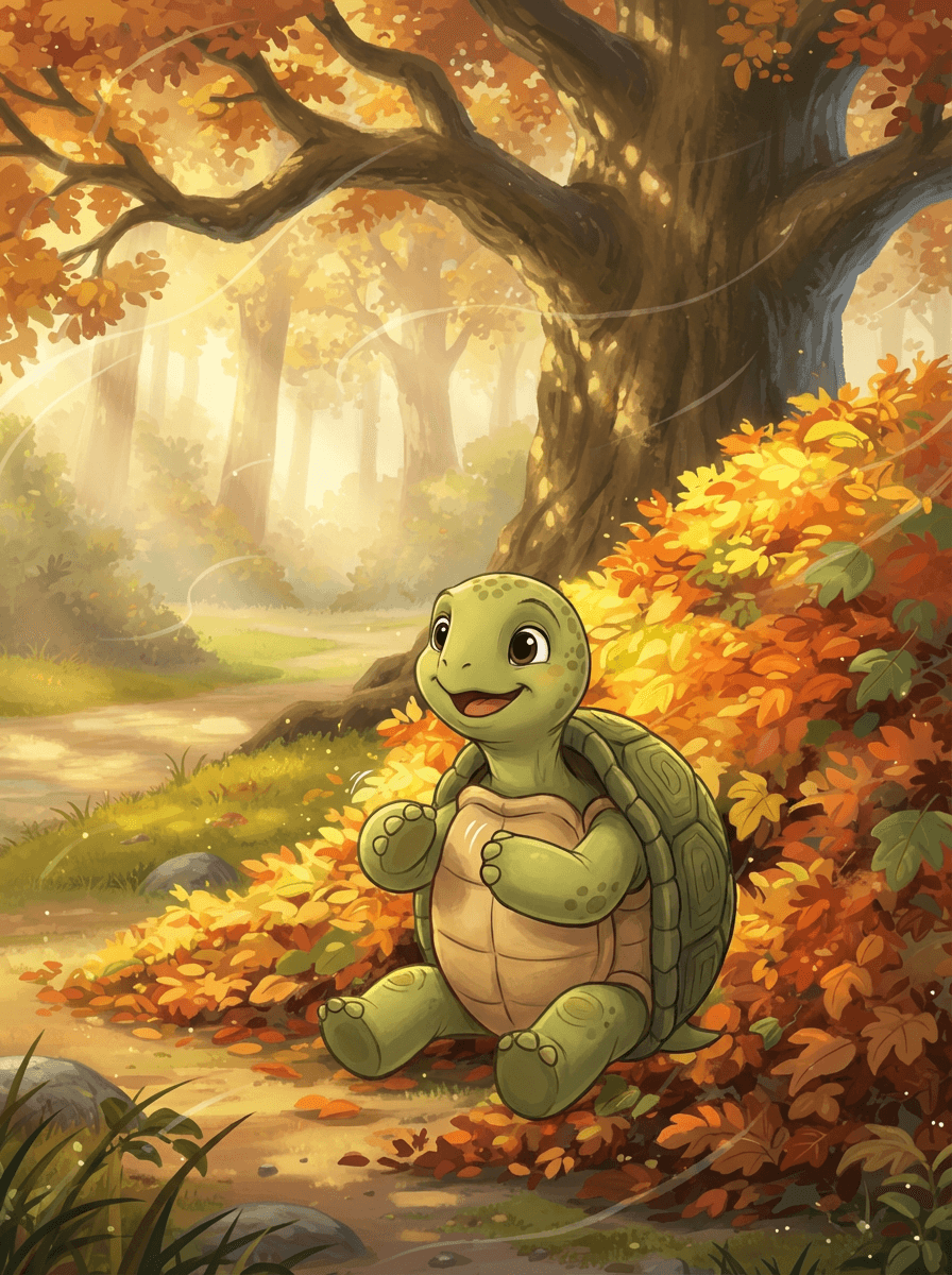 Toby the turtle stands before a mountain of colorful autumn leaves.