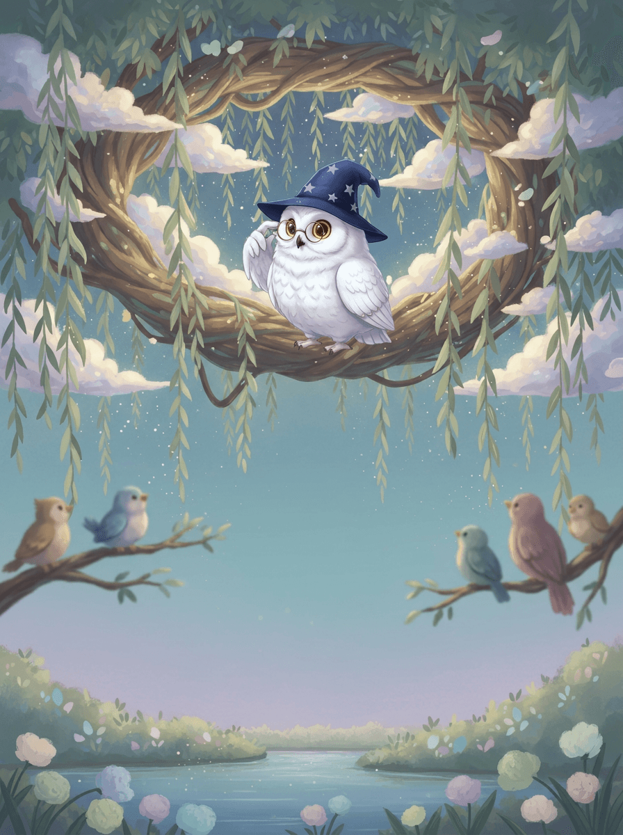Die schneeweiße Eule Luna mit Zauberhut unterrichtet in ihrer magischen Flugschule.