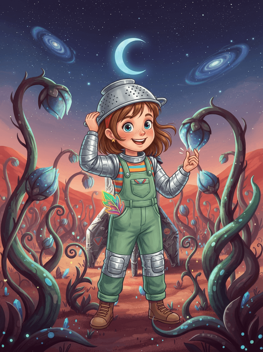 Eliška v papírové raketě přistává v zářivé zahradě na rudém Marsu.