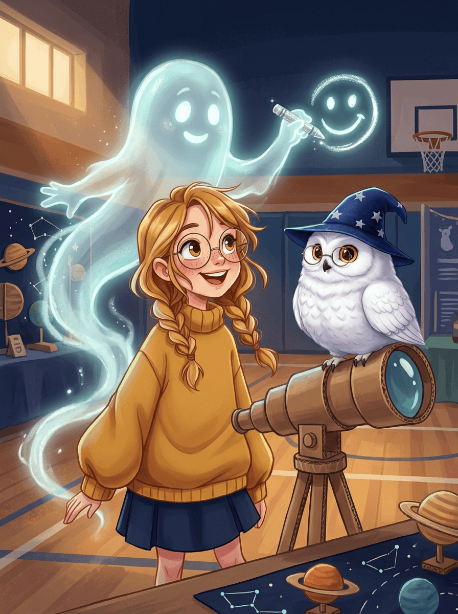 Luna the owl and Ema standing before their glowing space science project.