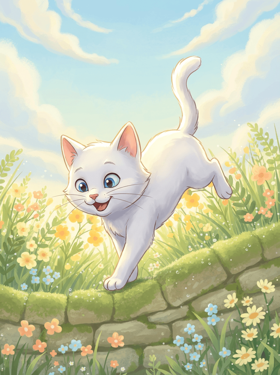 Kocourek Miki se soustředí na skok před starou kamennou zídkou v zahradě.