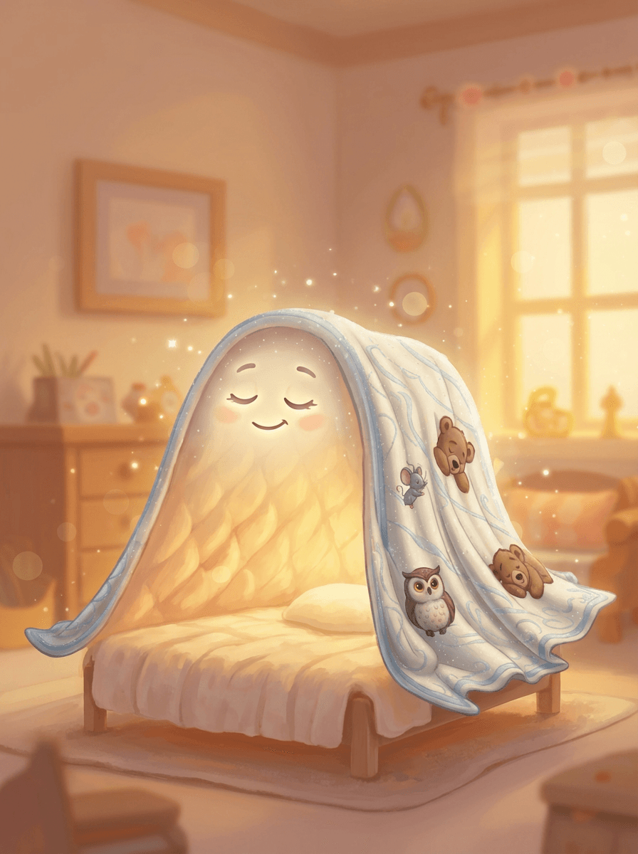 Měkká deka se stříbrnými nitkami tvoří bezpečný stan nad spícími zvířátky.