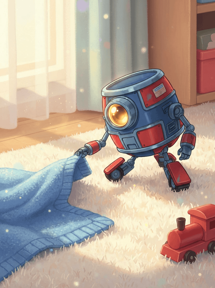El robot Beep investiga frente a su tren rojo en la alfombra.