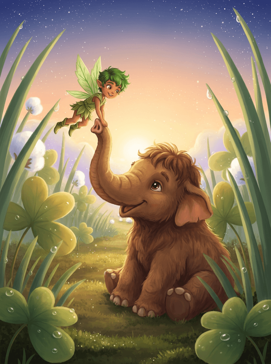 Barnaby, o pequeno guardião, encontra o bebê mamute Milo no jardim.