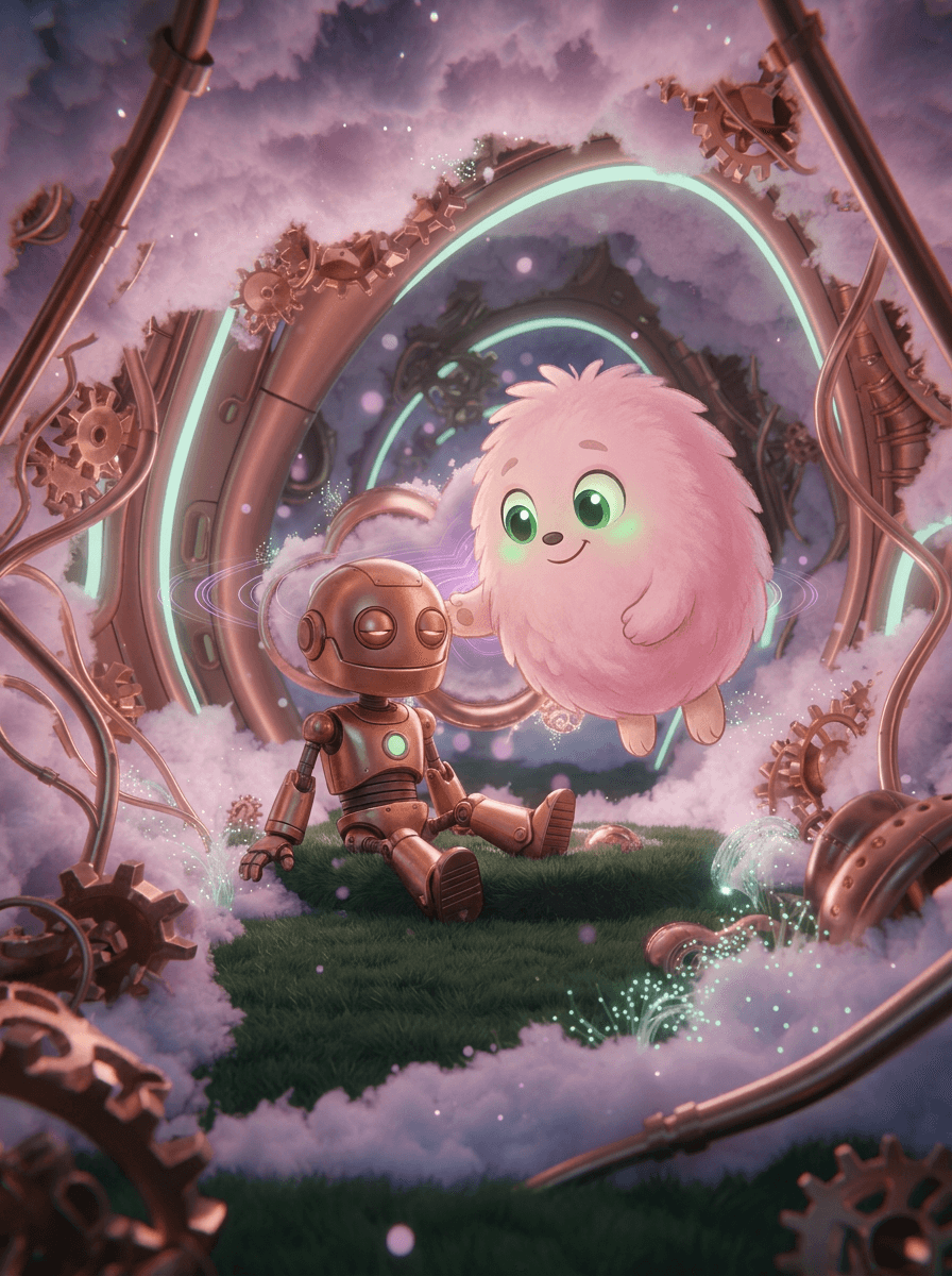 Fluffy de roze knuffel bij de Lullaby-Tron 3000 naast robot Rusty.