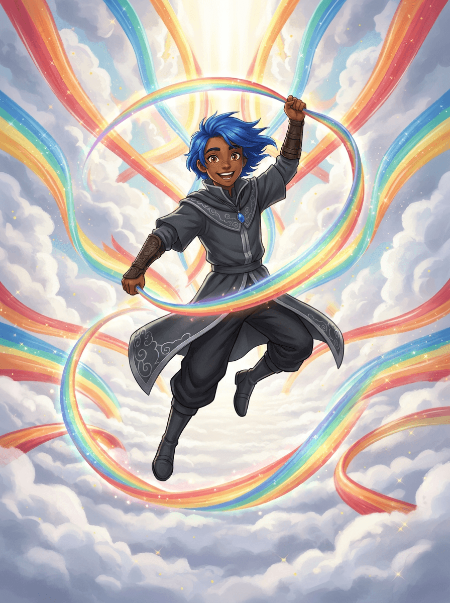 Ryu dai capelli blu danza con un nastro arcobaleno in palestra.