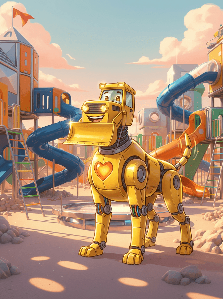 Robotický pejsek Azor s oranžově svítící hrudí stojí statečně před buldozerem Bédou.