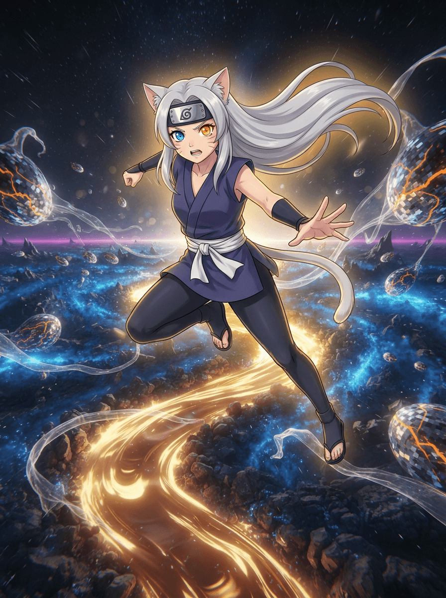 Ninja cat girl Shiki with mismatched eyes guides robots through glowing meteors.