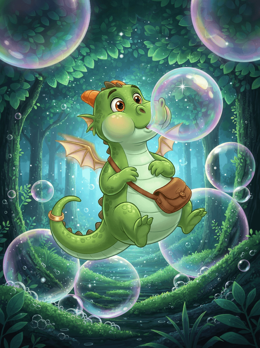 Zog, o dragão verde, soluçando bolhas coloridas no Bosque das Esmeraldas.