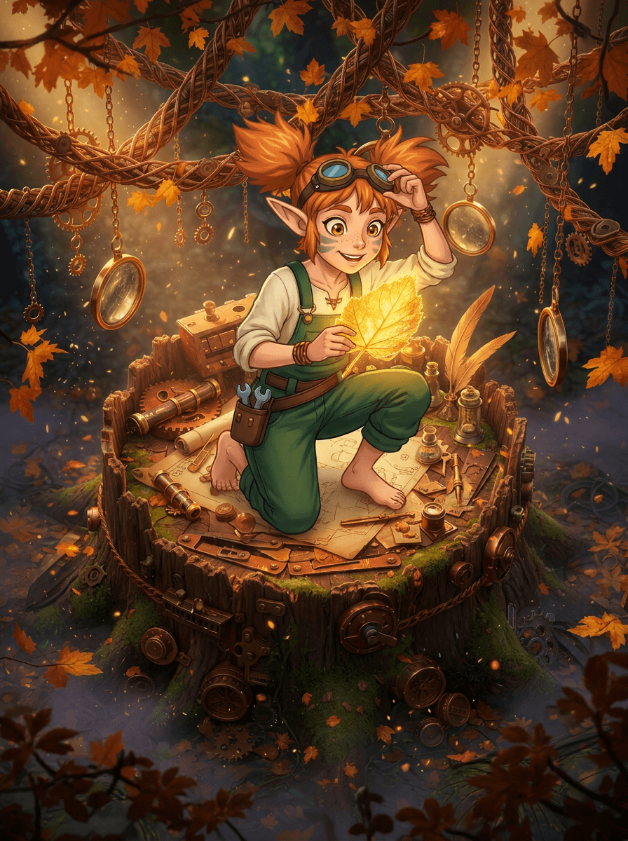 Spark la elfa inventora examina un mapa mágico en el bosque.