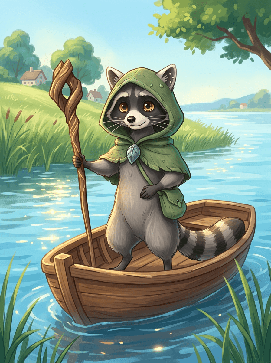 Raccoon a barna csónakban ülve figyeli a tó csillogó kék vizét.