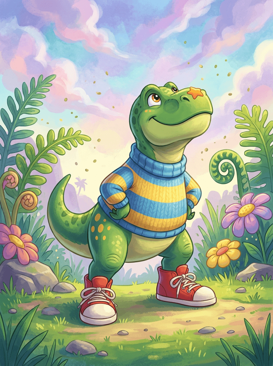 Dinosaurier Rex mit roten Turnschuhen springt auf einem Trampolin zu Wolken.