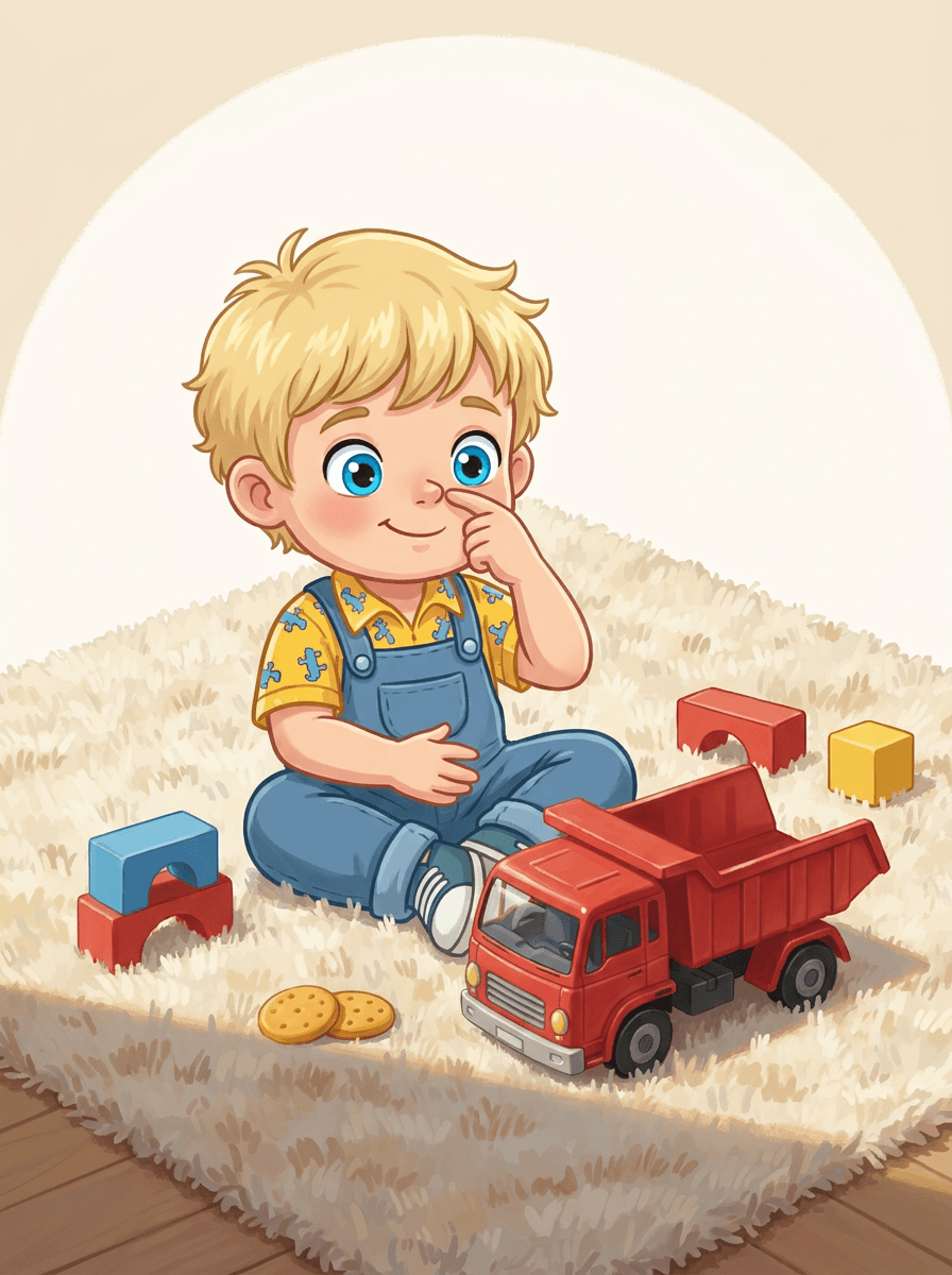 Il piccolo Adam sorride accanto al suo grande camion rosso sul tappeto.