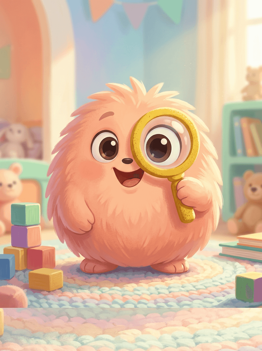Fluffy the peach-pink guinea pig detective searches for a blue block.