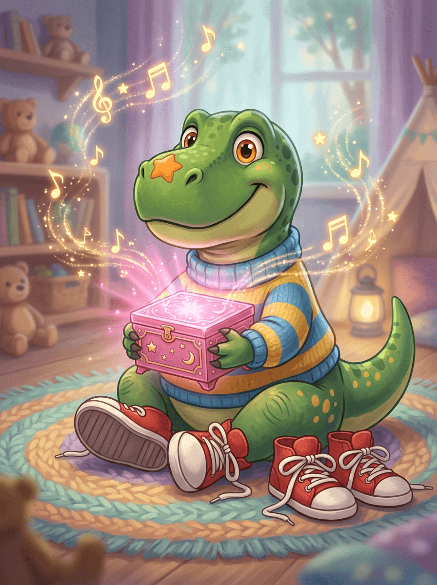 Il dinosauro Rex con maglione a righe accanto alla scatola musicale.