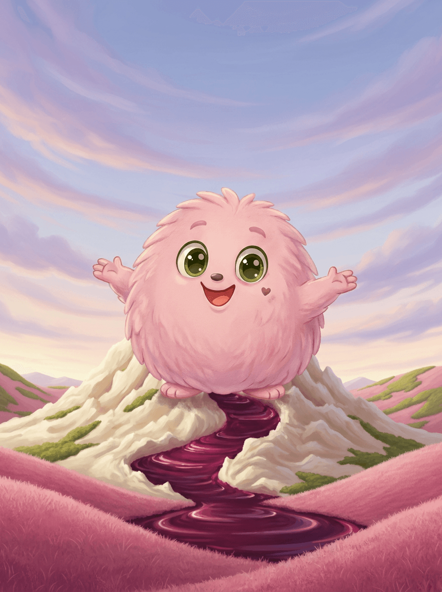 Fluffy le héros rose devant son immense volcan de purée magique.