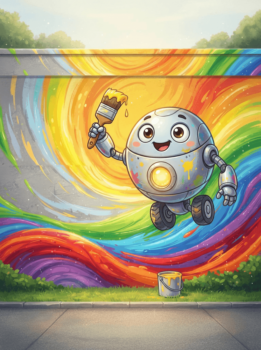 Mila the Butterfly flutters near Bip the robot by a colorful wall.