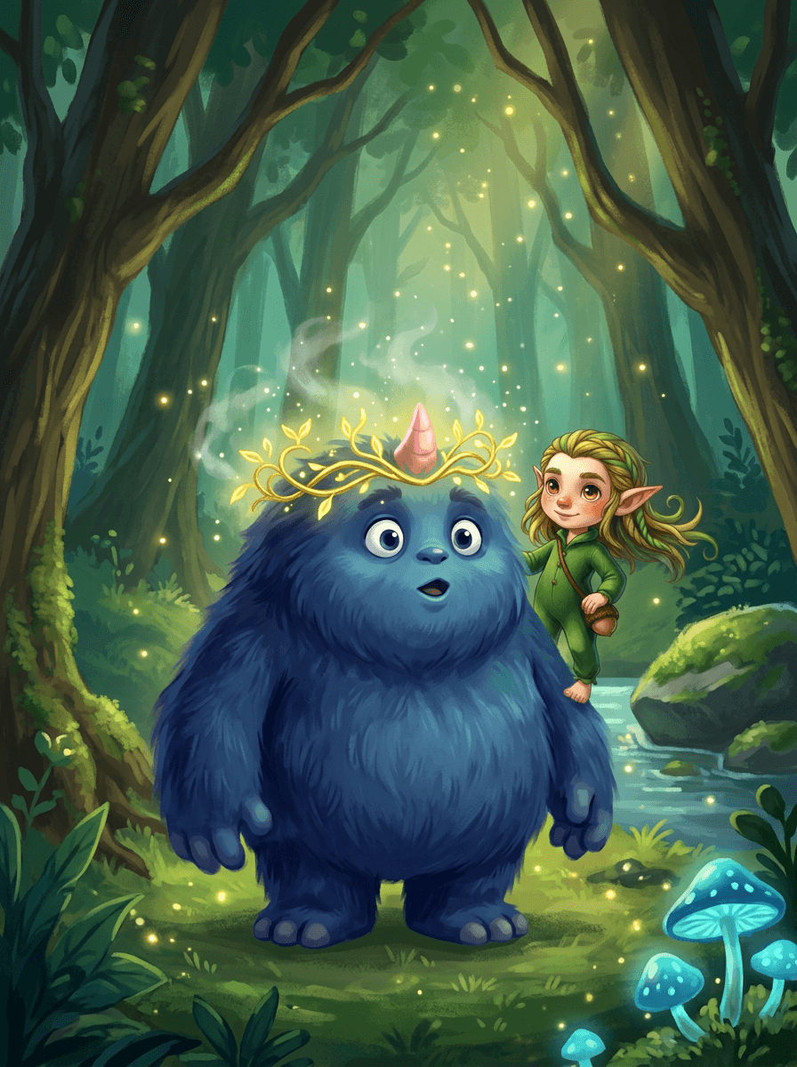 Bubu le monstre bleu portant une couronne magique dans la forêt.