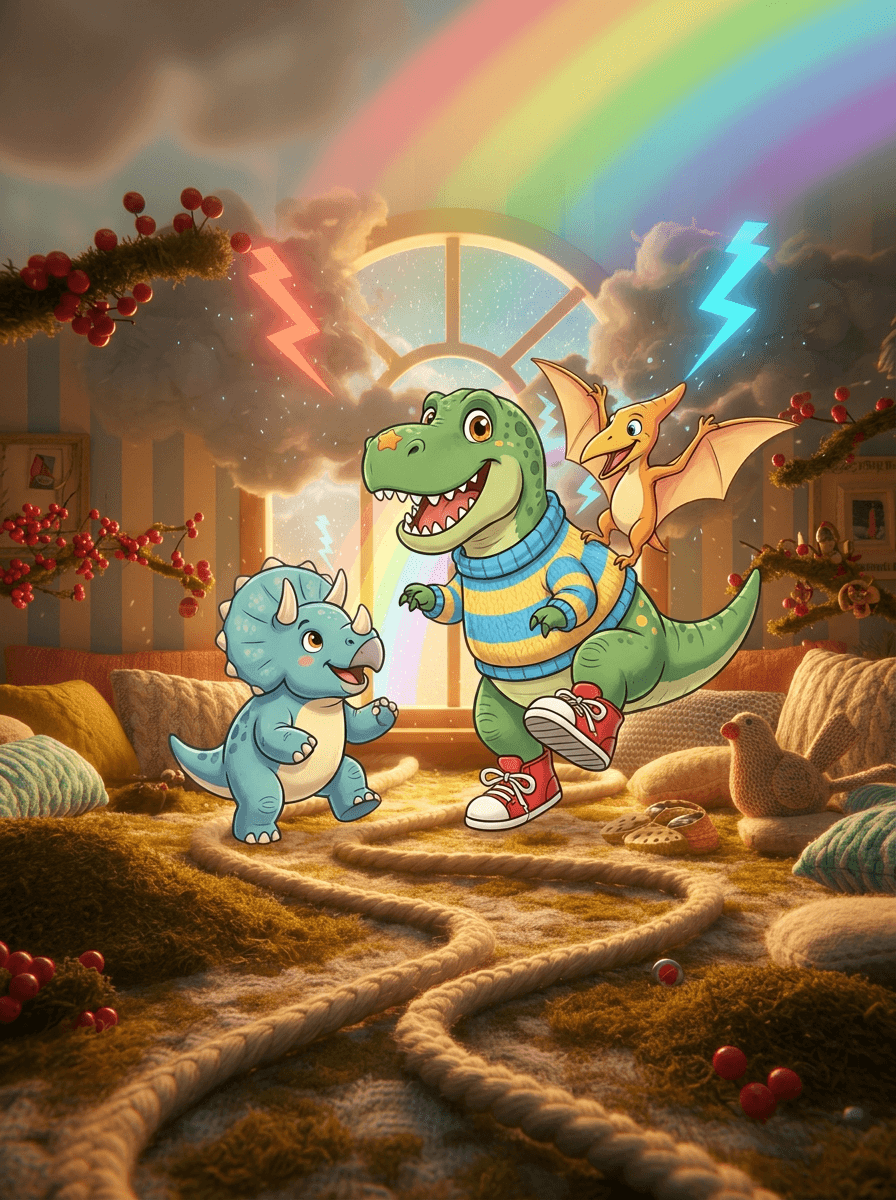 Rex, en T-Rex i randig tröja och röda skor, dansar i djungeln.