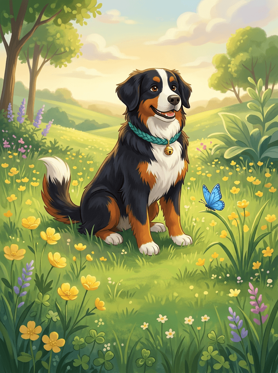 Black dog Trixi leads butterfly Pip through tall grass to a meadow.