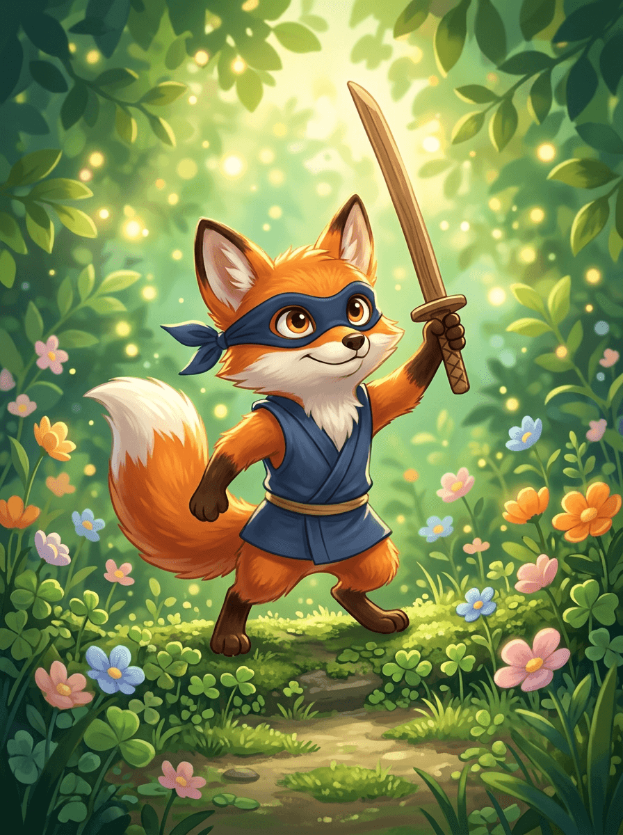 Cinder the fox in a ninja mask dancing for Shellie the turtle.