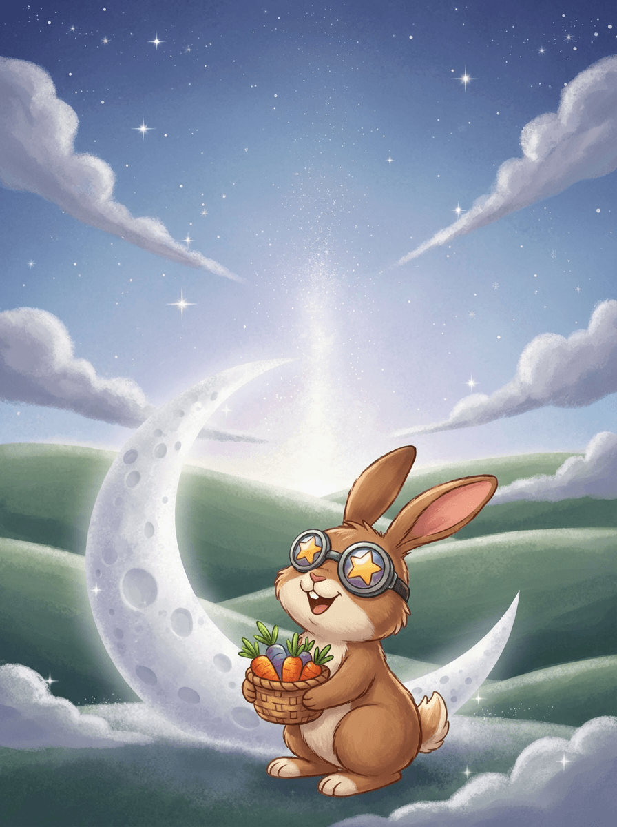 Zajíček Hop v papírové raketě letí vesmírem k velkému svítícímu Měsíci.