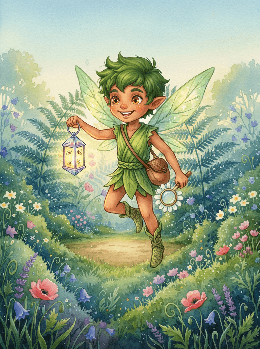 Barnaby el duende detective con lupa en el Jardín Floreciente.