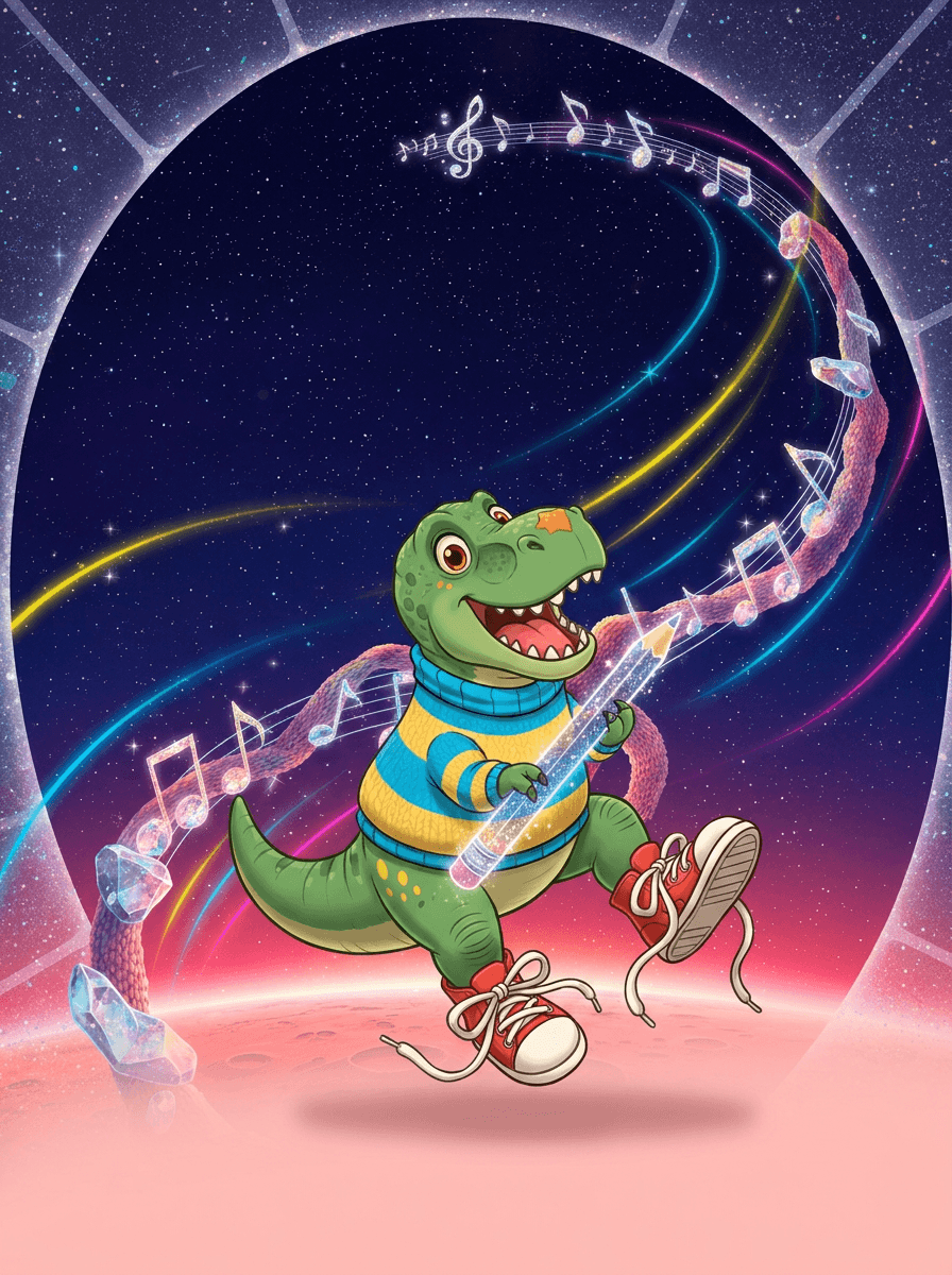 Dinozaur Rex w swetrze i czerwonych trampkach w kosmicznej scenerii.