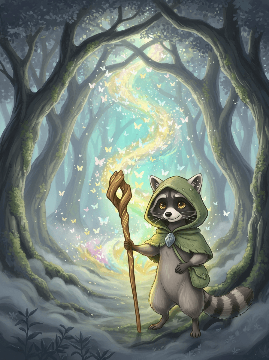 Vaskebjørnen Raccoon med grønn hette og lysende stav i skogen.