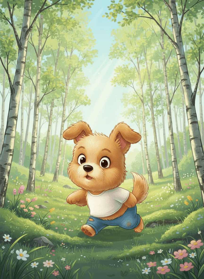 Pejsek s roztrženými kalhotami a kočička stojí v jarním lese.