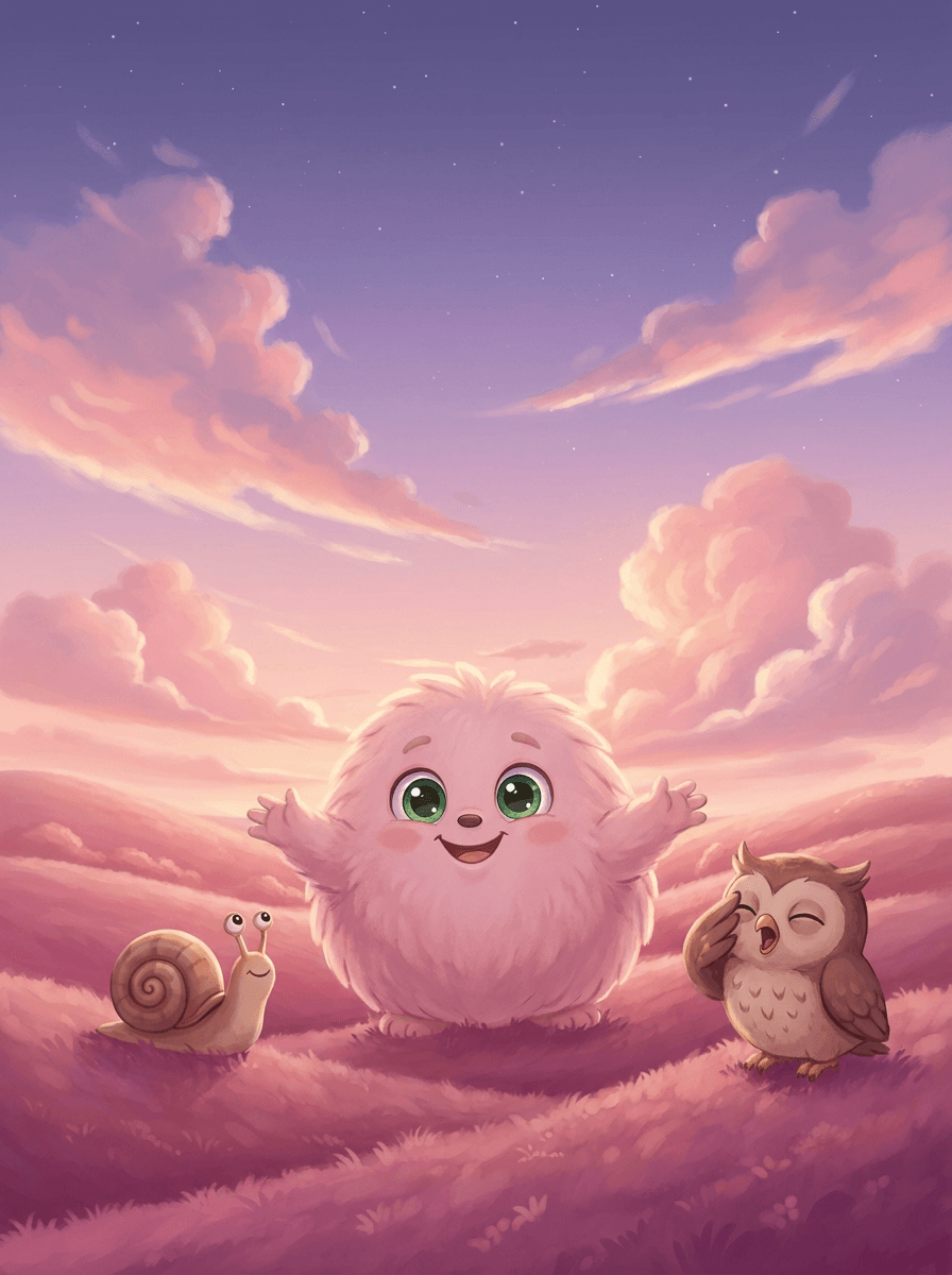 A kerek, rózsaszín Fluffy barátaival a dombtetőn a ragyogó alkonyatban.