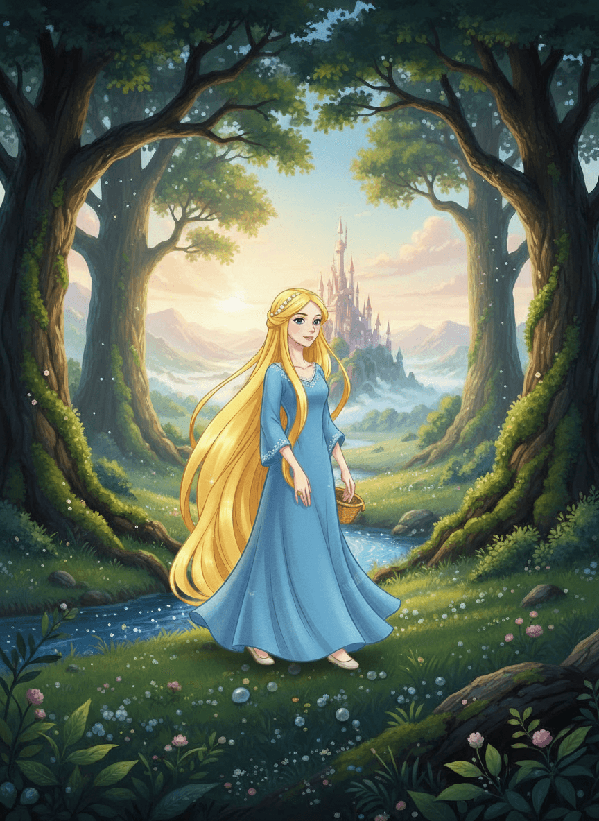 Jiřík se Zlatovláskou v pohádkové krajině obklopeni vděčnými zvířaty z kouzelného lesa.