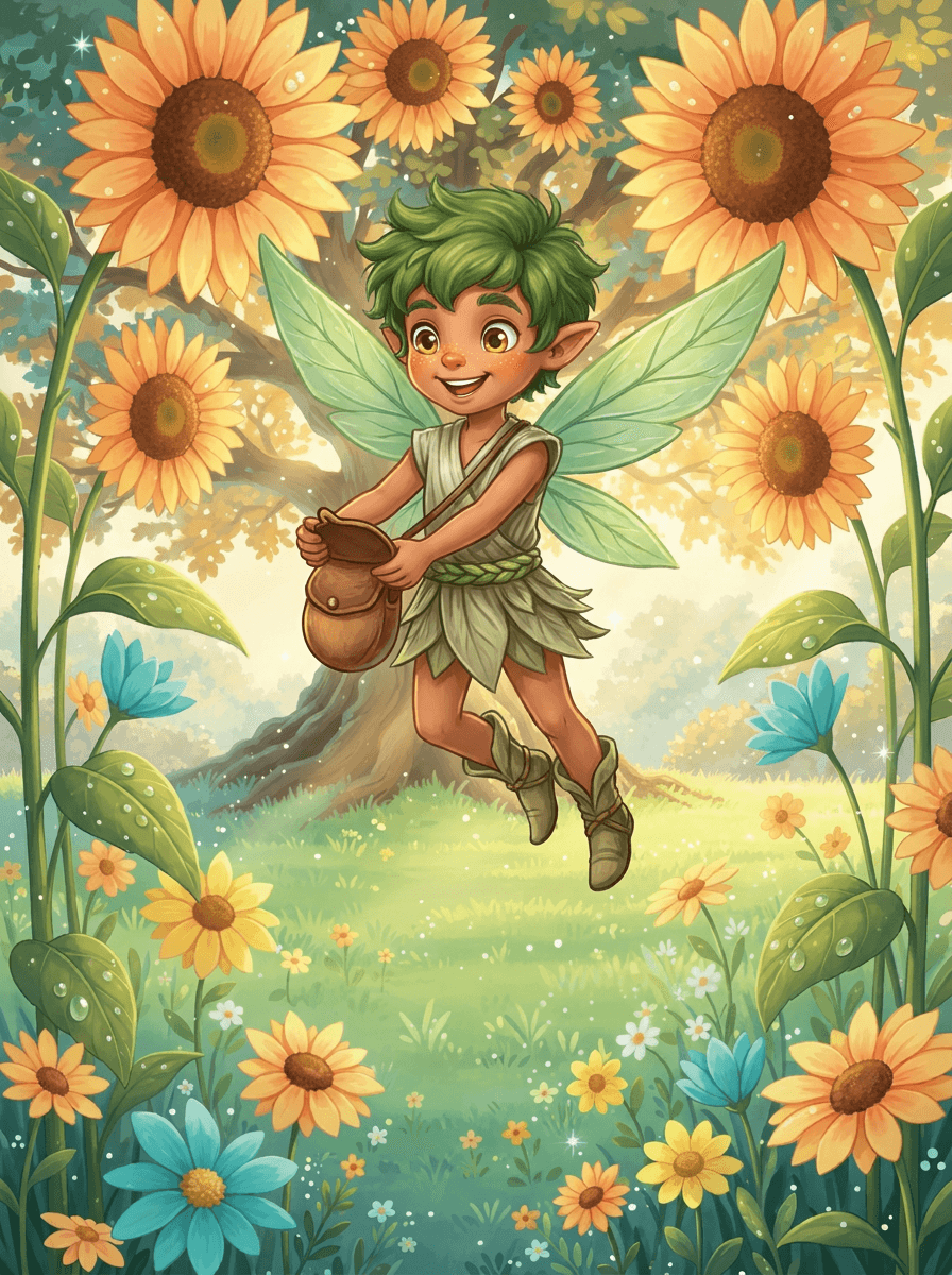 Barnaby el duende con alas de hoja y la ardilla Squeak ante girasoles.