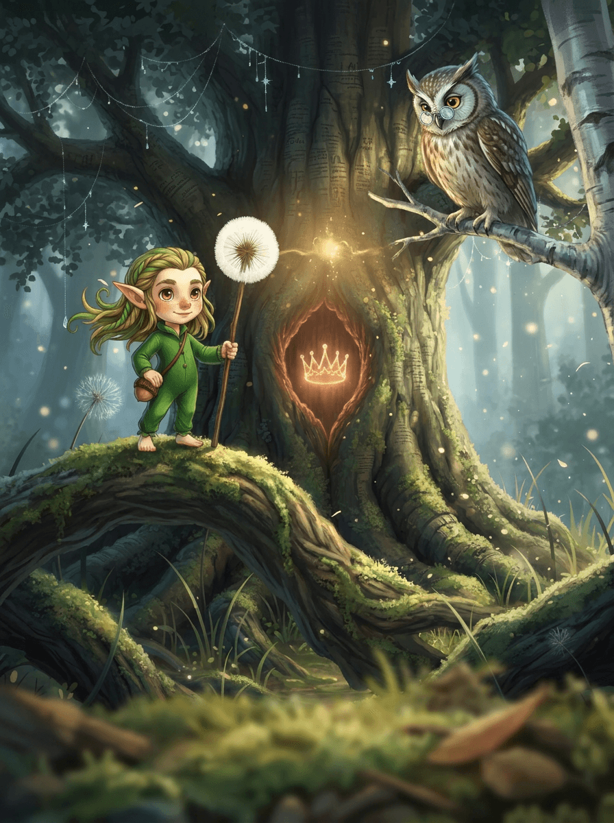 De kleine elf Twig met paardenbloemstaf in de magische Fluisterstruwelen.