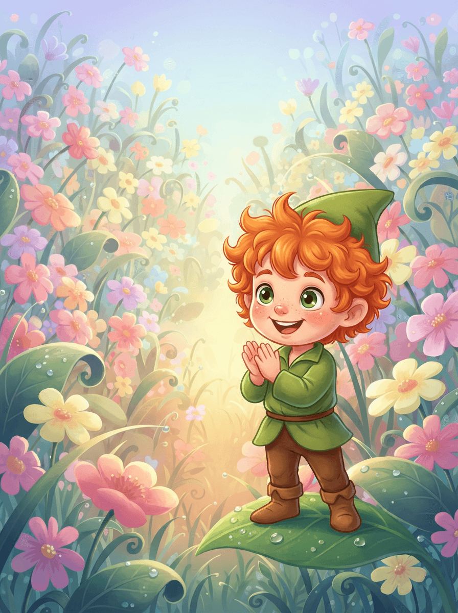 Skřítek Kvítek s rodinou malují štětci třpytivé barevné kapky rosy na listech.