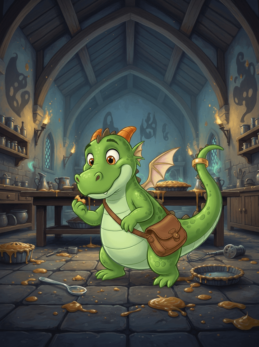 Detective Zog met een leren tas in de keuken van Kasteel Kruimelstein.