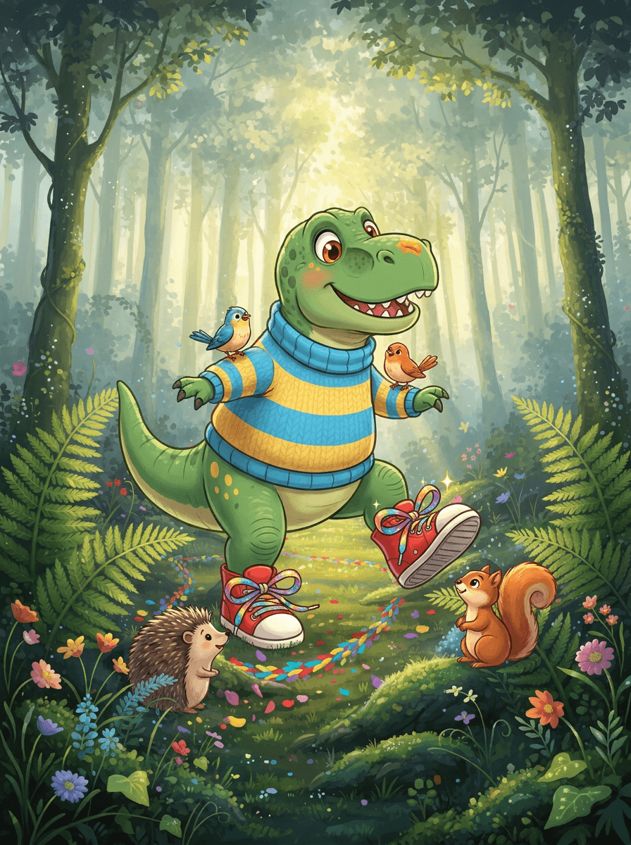 Dinosaurien Rex med färgglada regnbågssnören på sina skor i skogen.