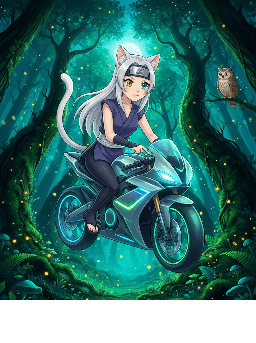 Micuța ninja Shiki pe o motocicletă tăcută în pădurea luminată de lună.