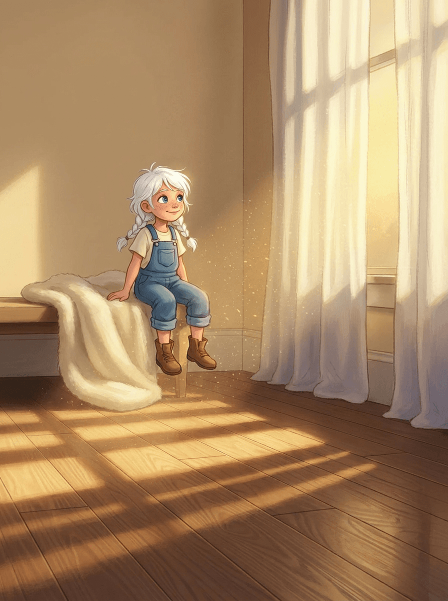 Little girl Zoe following paw-prints on a farm to find boots.
