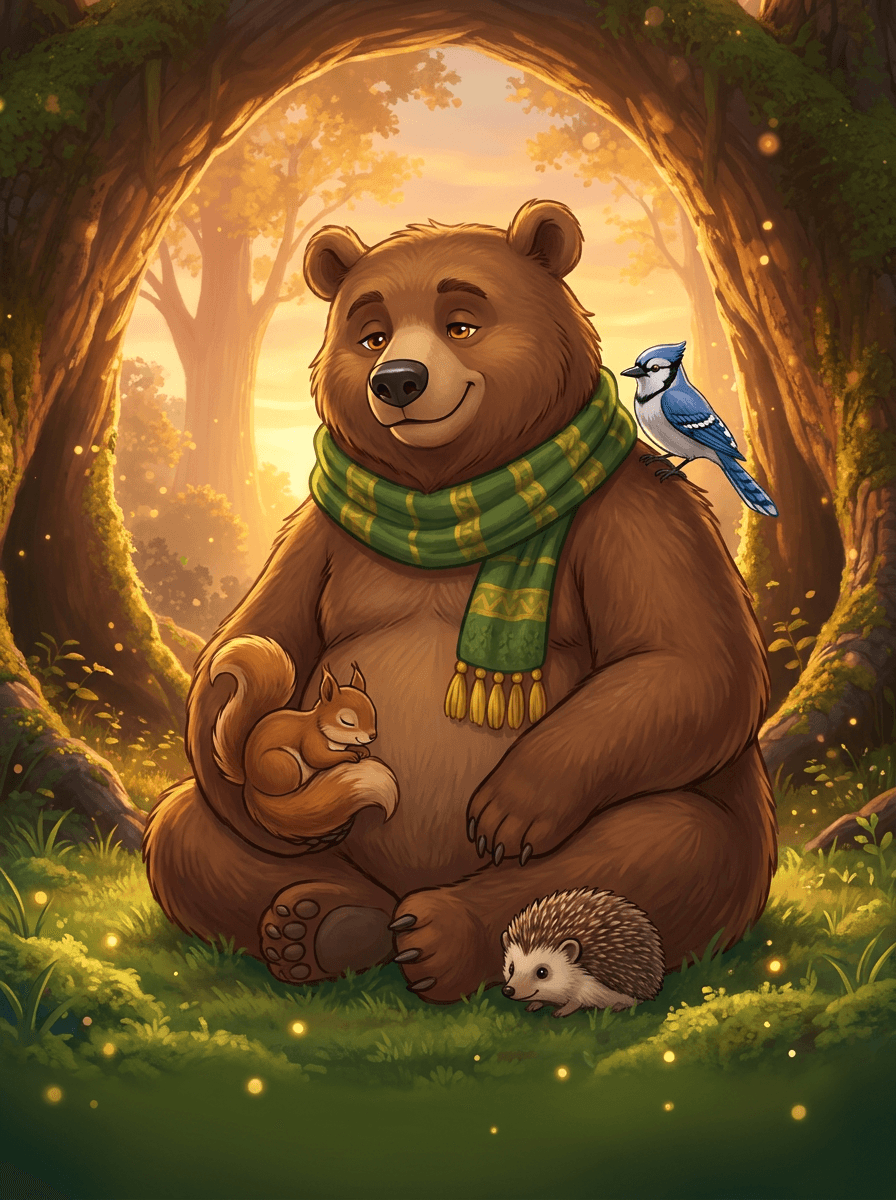 Bramble the bear wearing a colorful scarf walking slowly through Whispering Woods.