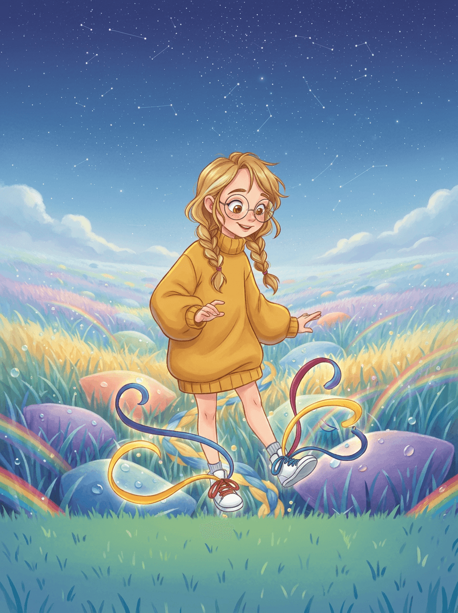 Young Ema stands in a lush meadow with glowing colorful shoelaces.