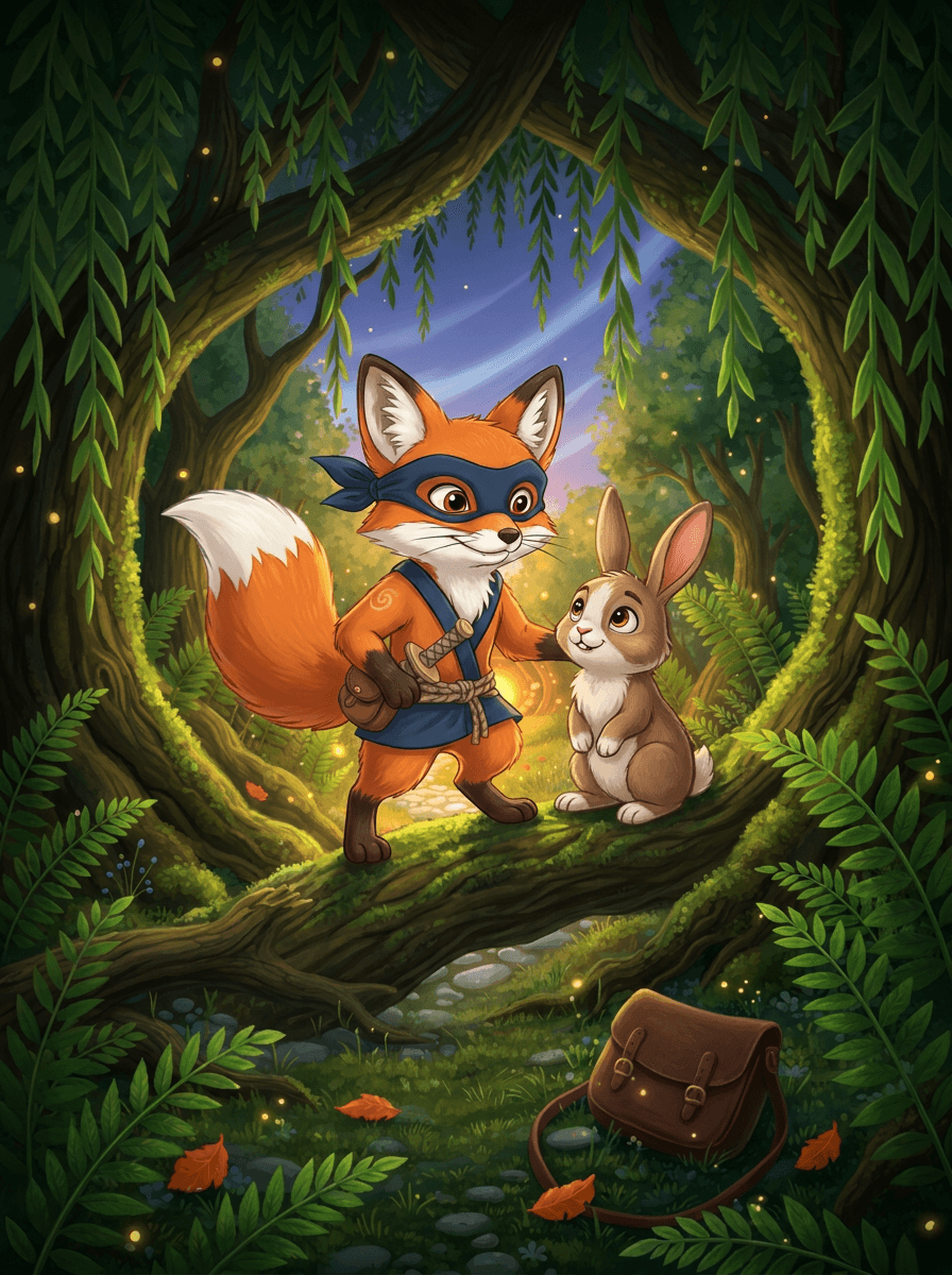 Ninja-Fuchs Cinder steht mit Barnaby dem Hasen im magischen Zauberwald.