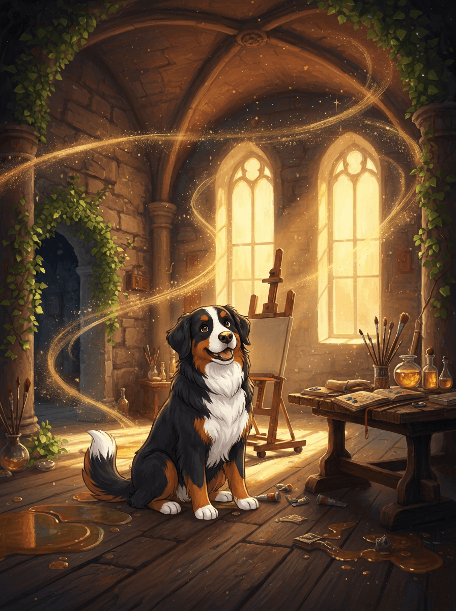 A fluffy Bernese Mountain Dog with a golden nose in Leo's workshop.