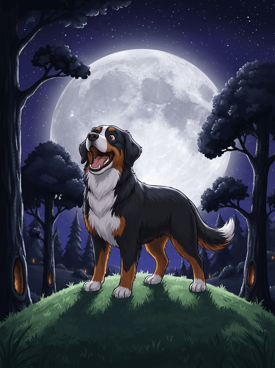 Il Bovaro del Bernese Trixi canta rivolta verso la luna nel bosco.