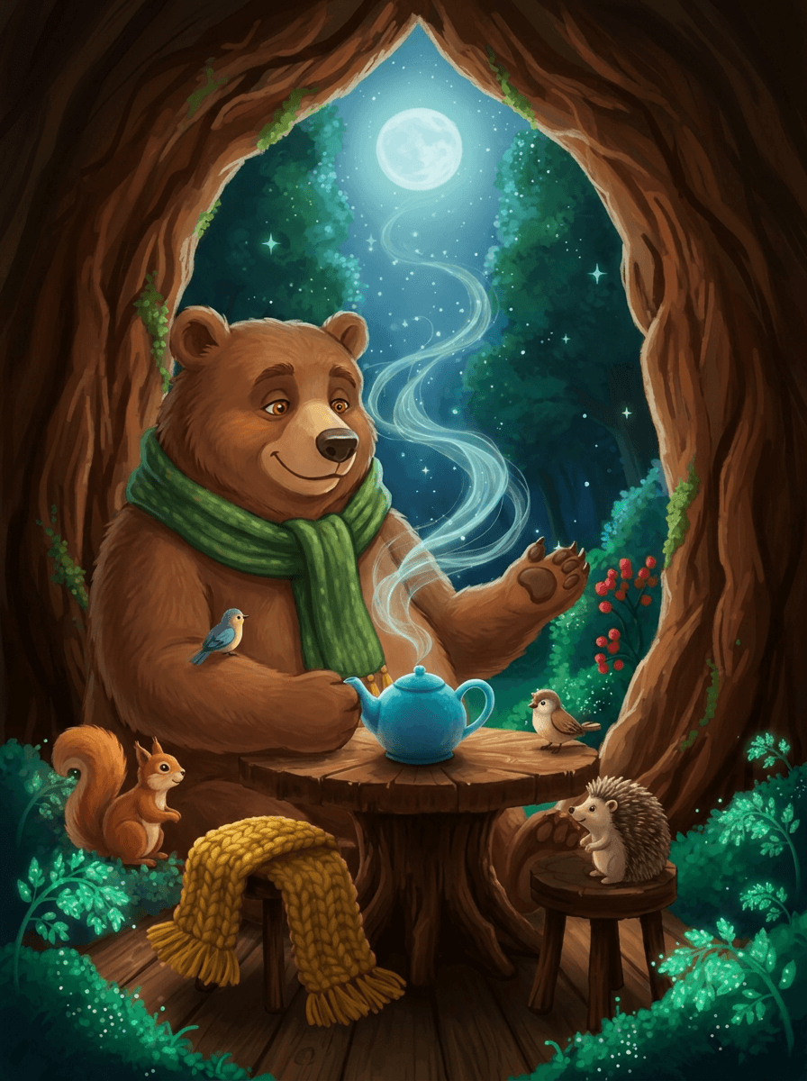 El oso Bramble con su bufanda prepara té en un bosque mágico.