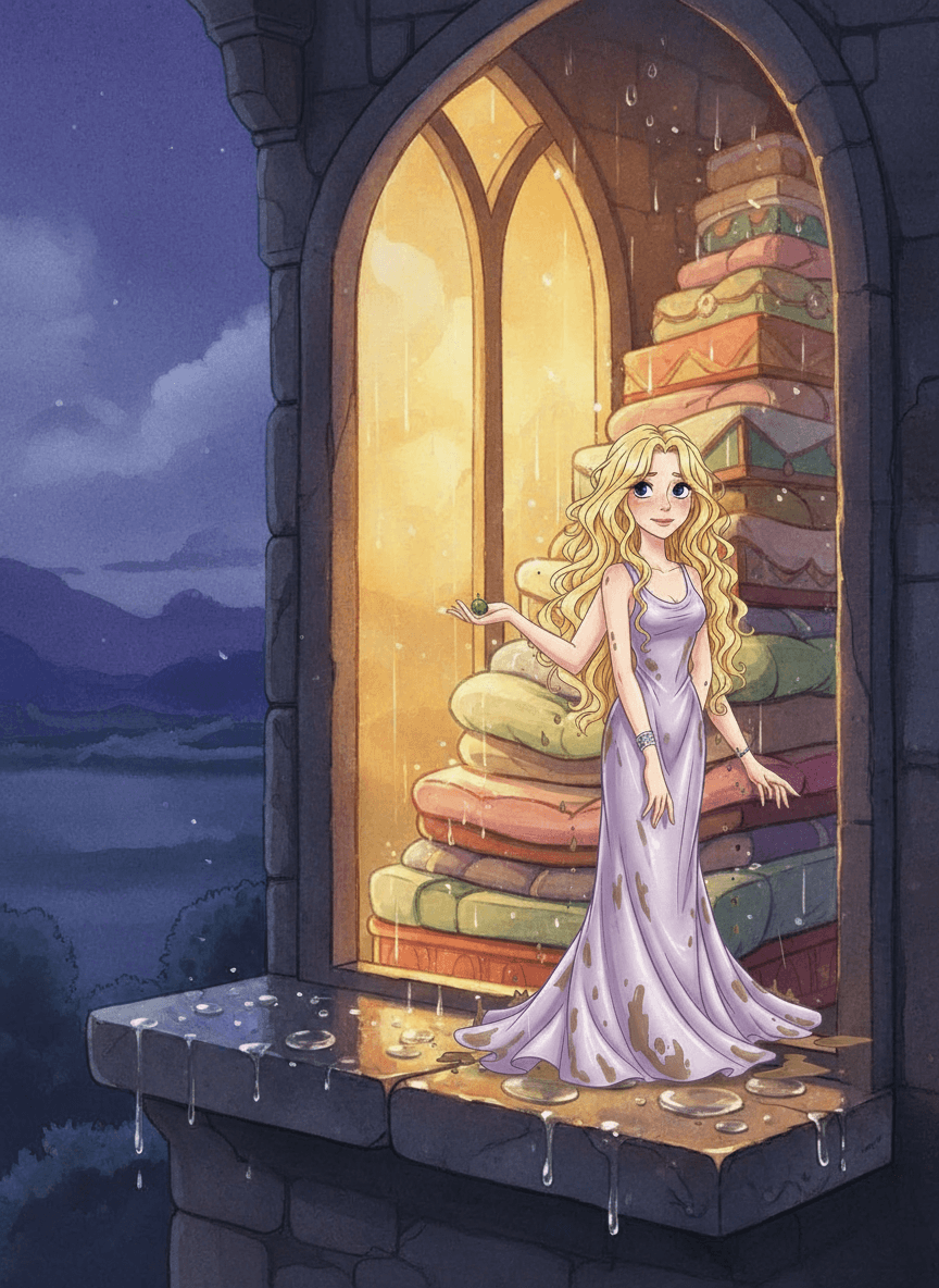 Zmáčená princezna v šatech přichází k bráně zámku během noční bouře.